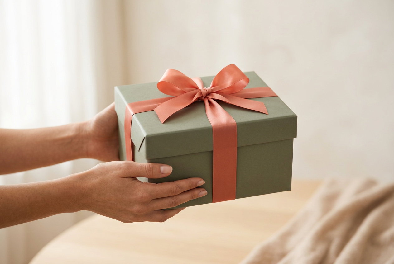 Groene cadeaudoos met koraalkleurig lint, vastgehouden door twee handen