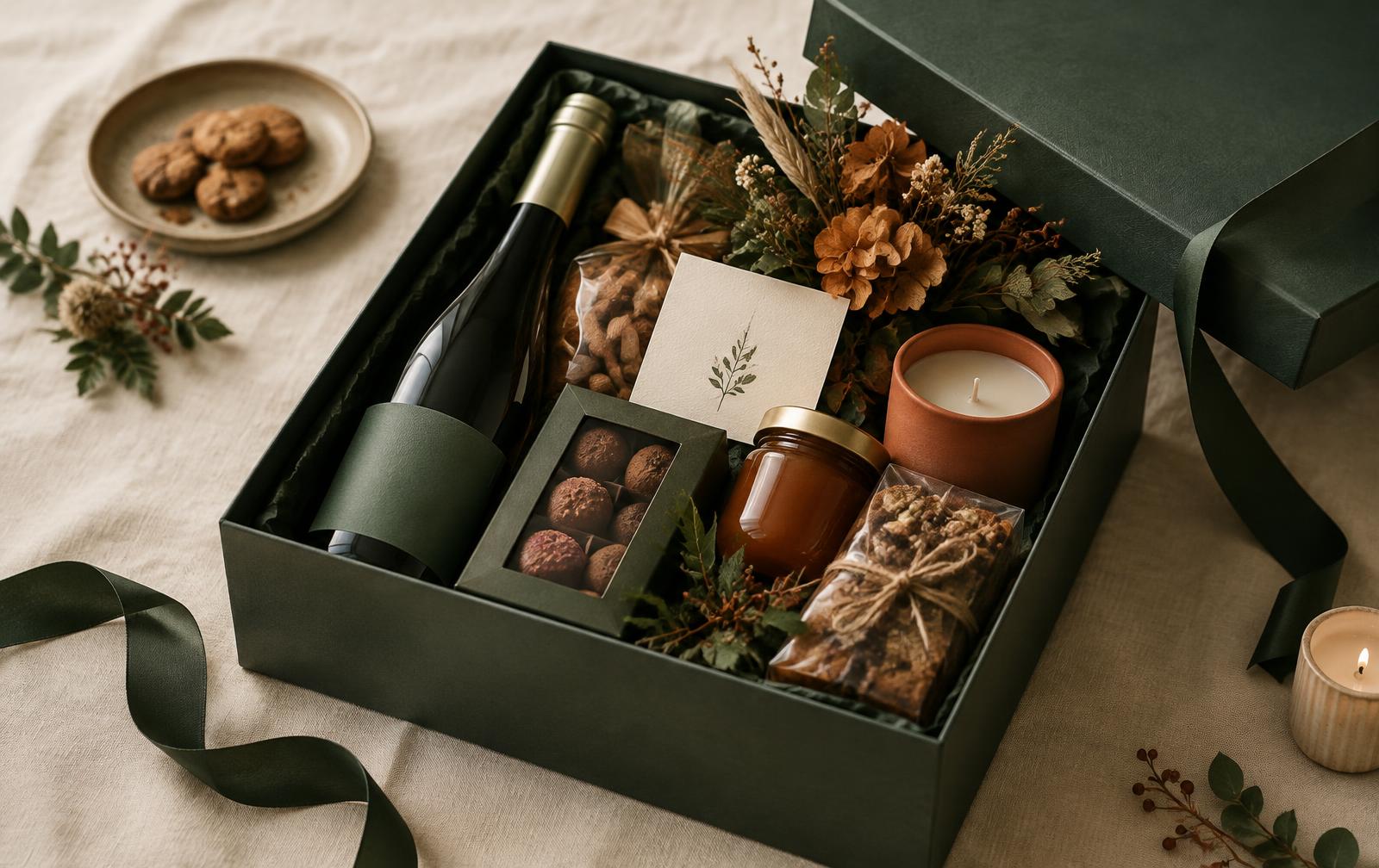 Eindejaarsgeschenk in donkergroene cadeaubox met wijn en chocolade