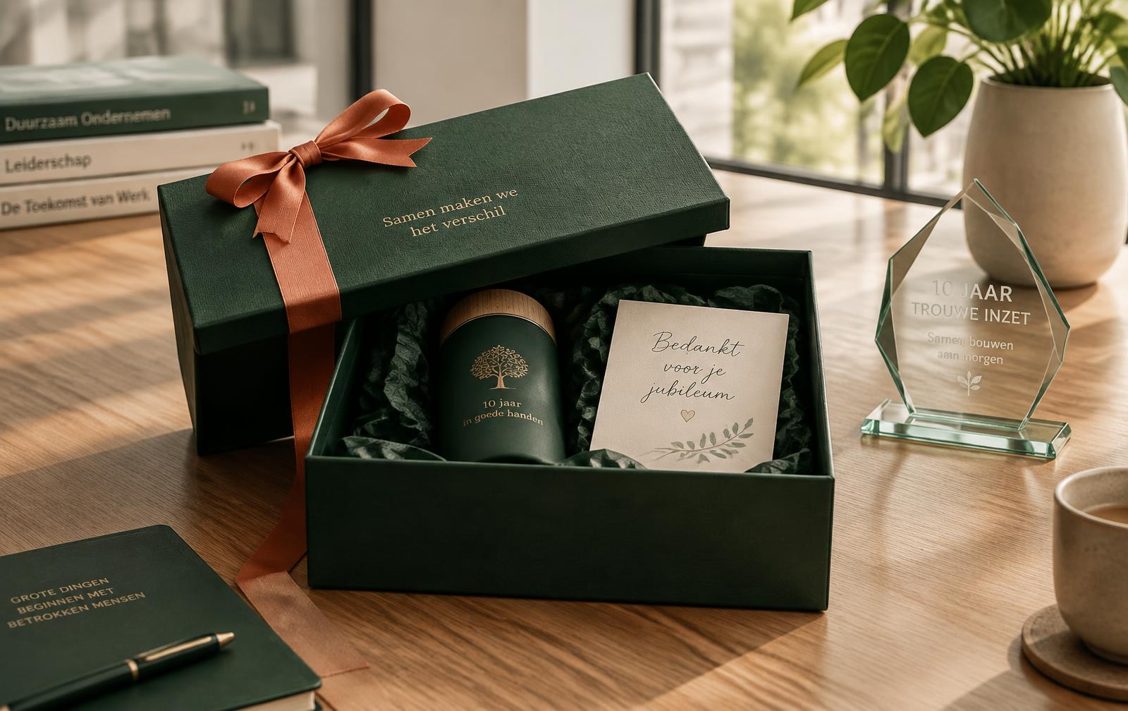 Persoonlijk jubileumgeschenk voor een medewerker in een groene cadeau box